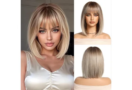 LuxusKollektion Kunsthaarperücke Ombre Blonde Perücke Damen mit Pony Kurzer Bob Gerade Synthetisches
