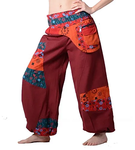 Kunst und Magie Bunte Hippiehose aus Baumwolle Ibiza Strandhose Wellnesshose, Größe:4XL, Farbe:Rot