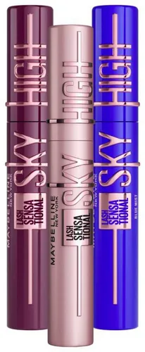 Maybelline New York Lash Sensational Sky High Mascara 3er Pack - Mascaras für lange und volle Wimpern – Sky-High-Technologie mit flexibler Bürste und innovativer Formel für intensiven Look in Schwarz, Blau und Burgundy.
