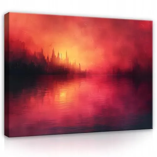 WallArena - Leinwand Bilder Abstrakt - 40x30 cm Leinwandbilder - Bild auf leinwand - Wandbild XXL groß Wandbilder für Wohnzimmer Schlafzimmer Wohnzimmerbilder Modern kunstdruck - Wald See Rot