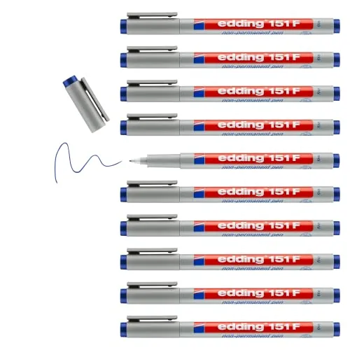 edding 151 F Non-permanent pen - blau - 10 Stifte - Rundspitze 0,6 mm - Stift zum Schreiben auf Glas, Kunststoff, Folien und glatten Oberflächen - schnelltrocknend, mit Wasser korrigierbar