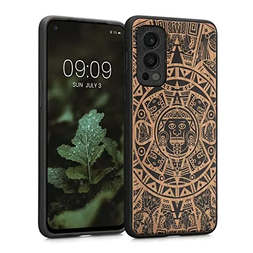 kwmobile Hülle kompatibel mit OnePlus Nord 2 5G Hülle - Holz Case - Handy Cover - TPU Handyhülle in Hellbraun Schwarz Maya Kalender Art