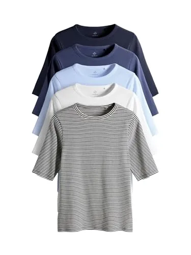 THE SET Damen Gerippte T-Shirts mit halblangen Ärmeln, 5er-Pack Navy/Blue/Light Blue/White/Stripe XL