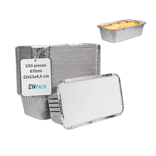 Enpack Aluschale R13-670L - 100 Stück Aluminiumschale mit Deckel 690ml - Menüschale - Alu Form für Lebensmittel - Take away - Grillschalen - Einwegverpackungen - Einmalbehälter für Lasagne/Nudeln