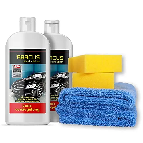 ABACUS® Politex Lackversiegelung mit Carnaubawachs 2x 500 ml - Hochwertige Lackversiegelung mit Carnaubawachs für Metallic- und Unilacke. Schützt effektiv vor Umwelteinflüssen und sorgt für einen extrem starken Abperleffekt. Inklusive Mikrofasertuch und Polierschwämmen für einfaches Auspolieren.