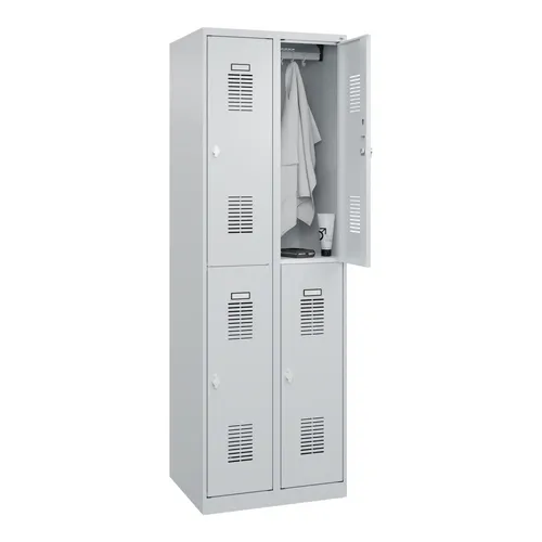 CP-Möbel Spind Basis PLUS - Lichtgrau, 2 Abteile mit 4 Fächern - Robuster Spind aus Metall mit optimaler Belüftung und Drehriegelschloss. Ideal für Schulen, Sporteinrichtungen und Büros. Made in Germany, Lieferung montiert direkt ab Werk!