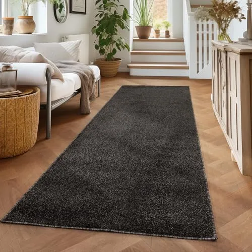 Carpettex Wohnzimmer Teppich Kurzflor Modern Einfarbig 60 x 100 cm - Küchenläufer Flur Anthrazit - Waschbar in Waschmaschine Klein Extra Weich Flauschig