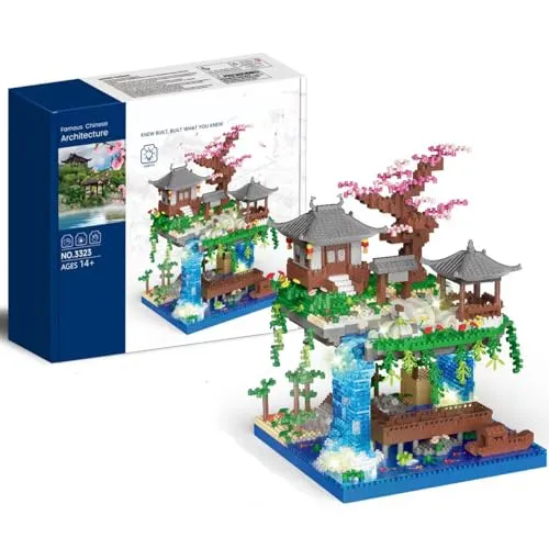 Klemmbausteine Erwachsene Sakura Baumhaus Bauklötze Kit mit Geschenkbox Kirschbaum Bonsai Baukasten Chinesischer Garten Bausteine Set Traditionelle Architektur mit Wasserfall und Pavillon ab 14 Jahren