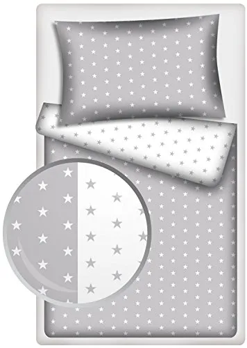KiGATEX Kinderbettwäsche Stars 2-TLG. 100% Baumwolle 40x60 + 100x135 cm mit Reißverschluss (Stars Grau/Stars Weiss)