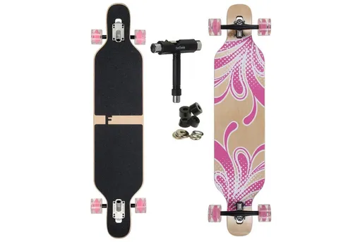 FunTomia Longboard Mach1 - Flex Stufen Cruiser mit Drop Through Design - Langboard aus 7-lagigem Ahornholz, ideal für Cruising und Tricks. Wähle zwischen 3 Flexstufen für bis zu 122kg. Perfekte Balance zwischen Haftung und Rollwiderstand mit 80A Rollen.