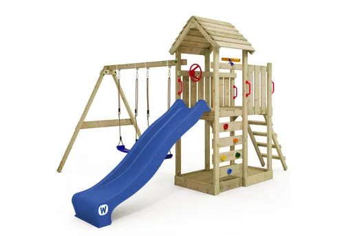 Wickey MultiFlyer Spielturm mit Holzdach und Schaukel - Vielseitiger Spielturm für den Garten – Der Wickey MultiFlyer bietet Spaß mit Schaukel, Rutsche, Kletterleiter und Sandkasten für unvergessliche Spielstunden.