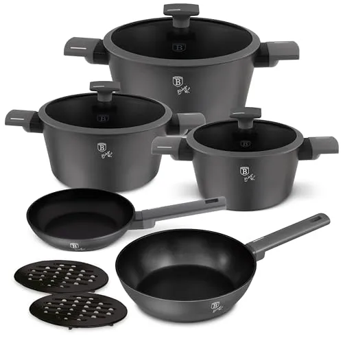 BERLINGERHAUS Geschirrset mit Titanoberfläche 10-tlg. Anthrazit Kollektion BH-8140 - Topf-Set mit langlebiger TitanPro-Antihaftbeschichtung für müheloses Kochen und einfache Reinigung. Ideal für alle Herdarten, umweltfreundlich und sicher, ohne schädliche Chemikalien.