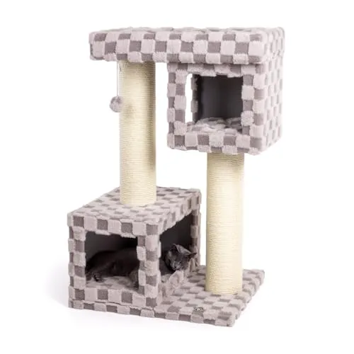 CanadianCat Company Kratzbaum Clifton 107cm - Stabiler Katzenbaum mit Karo-Plüschmuster - Aktivitätskratzbaum Clifton: Eleganter Kratzbaum mit geräumigen Höhlen und komfortabler Liegefläche für höchsten Schlafkomfort und Spielspaß.