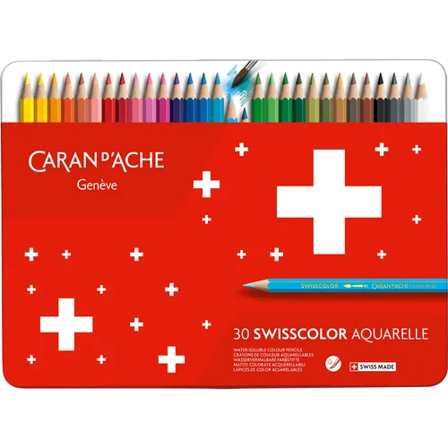 CARAN D'ACHE Buntstifte Swisscolor 30er Metalletui - Schreibutensilien mit wasserlöslichen Farben, ideal für kreative Projekte und einfaches Mischen von Farben.