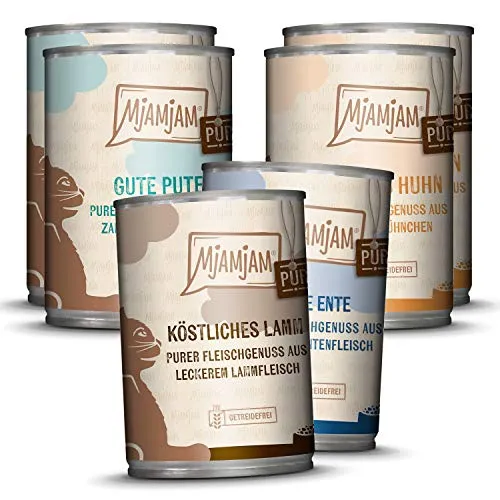 MjAMjAM - Premium Nassfutter für Katzen - Mixpaket V - Purer Fleischgenuss, 6er Pack (6 x 400 g), getreidefrei mit extra viel Fleisch