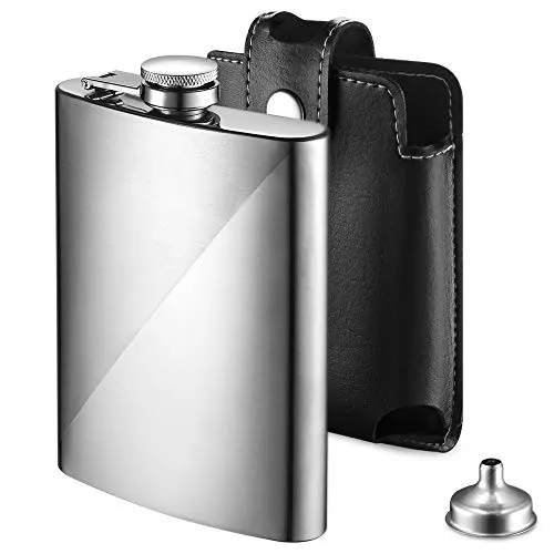 Ecooe Edelstahl Flachmann 227ml/8oz mit Trichter und Kunstledertasche Farbe Anthrazit, Whisky Flachman Set