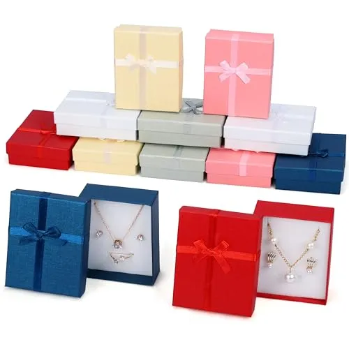 Kurtzy Schmuck-Geschenkschachtel aus Papier (12 Stück) – 8,5 x 6,5 x 2,5 cm – 6 Farben – Geschenkbox für Ring, Ohrringe, Halsketten und Armbänder aus Karton mit Schaumstoffeinsätzen