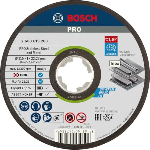 Bosch Professional 1x Gerade Trennscheibe Expert (für Inox und Metall, X-LOCK, Ø115 mm, BohrungsØ: 22,23 mm, Dicke:1 mm)