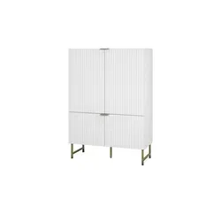 Highboard Softclose Bretagne - Elegantes Highboard mit lautlosem Soft-Close-System, ideal für stilvolle Wohnräume. Maße: B: 100 cm, H: 142 cm, T: 40.5 cm. Stabile Metallfüße und goldene Details setzen Akzente.
