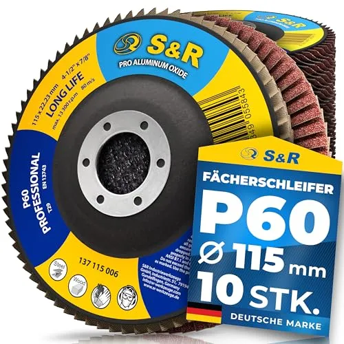S&R Fächerschleifscheiben 115, Schruppscheiben 115-Metall, Schleifscheiben 115mm, Fächerscheiben 115 mm, Fächerscheiben 115-Holz, Lamellenscheibe | P60 | zum Entrosten und abtragen von Farbe & Lack