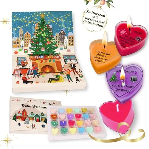 Duftkerzen Adventskalender 2025 - Magische Herzkerzen mit Botschaften - Spezielle Kerzen mit 24 Herzkerzen, die beim Schmelzen persönliche Botschaften enthüllen. Ideal für gemütliche Adventsabende und als liebevolles Geschenk für Frauen.