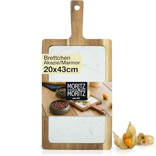 Moritz & Moritz Servierbrett Holz mit Marmor - Servierplatte Holz - Akazie Käsebrett als Deko zum Anrichten und Servieren von Käse, Fisch, Fleisch u.v.m.