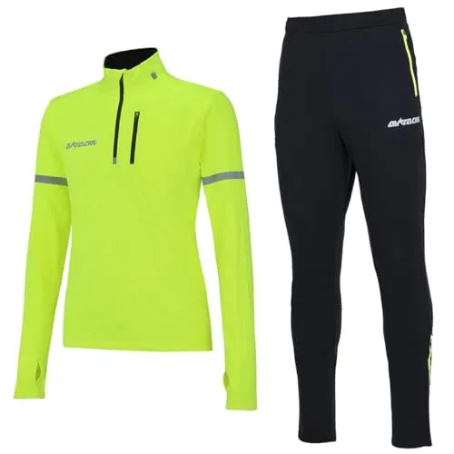 Airtracks Herren Winter Laufset ProTeam Thermo Laufhose Lang Pro Team Thermo Shirt Langarm Atmungsaktiv Reflektoren - schwarz-neon - S