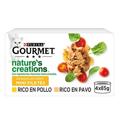Gourmet Nestlé Purina Nature's Creation Nassfutter für Katzen mit Huhn und Truthahn - Dosenfutter für Katzen, vollständige und ausgewogene Ernährung mit hochwertigen natürlichen Inhaltsstoffen, ohne künstliche Zusätze und langsam gekochte Mini-Filets.