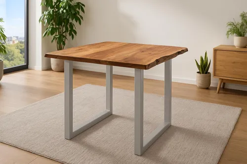 Esszimmertisch 90x90 cm Laurina, Baumkantentisch aus Akazienholz, massiv + nougatfarben, U-Metallgestell Silber, Esstisch mit echter Baumkante