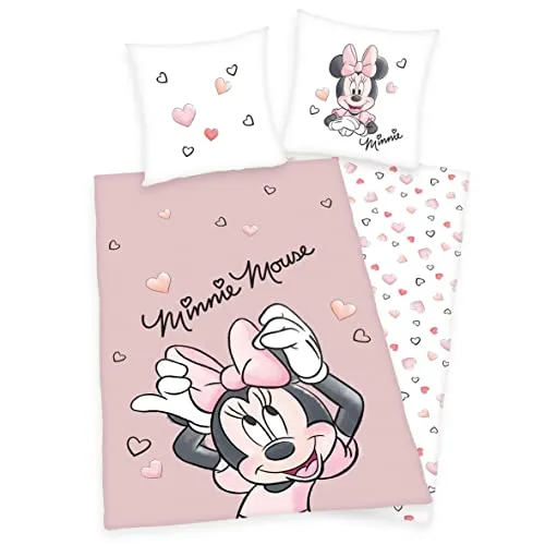 Disney Minnie Mouse Bettwäsche - 135x200 + 80x80 cm mit Wendemotiv - 100% Baumwolle Renforcé