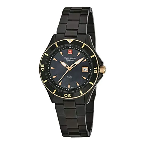 Swiss Alpine Military Schweizer Uhr 7740 schwarz - Damenuhr mit präzisem Quarz-Antrieb, wasserdicht bis 10 bar und elegantem Edelstahl-Armband – ideal für stilbewusste Frauen.