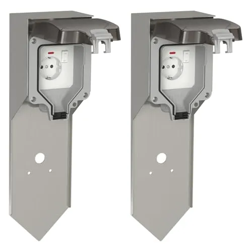 ledscom.de 2 Stück Garten Steckdosensäule POXO mit Erdspieß für außen, IP65, 1-fach, Edelstahl, edelstahl/grau, eckig, 40 cm