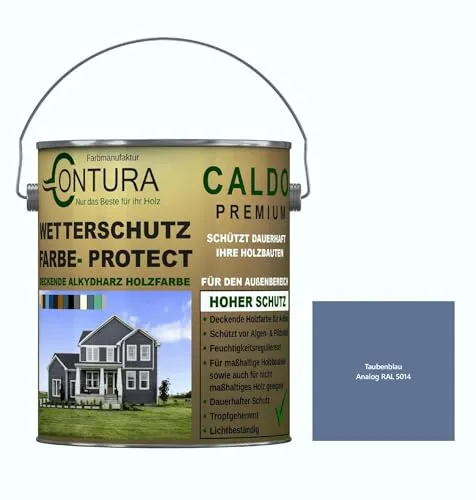 Contura Wetterschutzfarbe 2,5 Liter Holz Dauerschutzfarbe Deckend Buntlack Holzfarbe Holzlasur Seidenmatt (Taubenblau - RAL 5014 Analog)