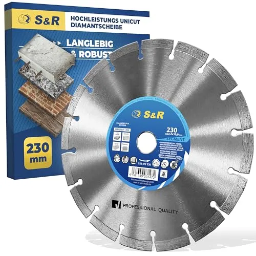 S&R Diamanttrennscheibe PREMIUM 230mm - Diamant-Trennscheibe für professionellen Dauereinsatz, lasergeschweißt und ideal zum Schneiden von Beton, Granit und Naturstein. Hochwertige Materialien garantieren Langlebigkeit und Effizienz.