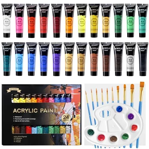 ARTKUNST Acrylfarben Set, 24 x 36 ML Acrylfarbenset mit 10 Pinseln für Leinwand Holz Papier Keramik, wasserdichte Acrylfarbe mit Lebendiger Farbe für Künstler, Anfänger, Kinder