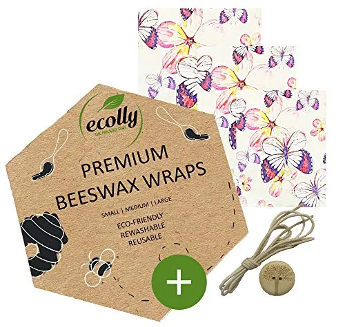 ecolly Bienenwachstücher 3er-Set (S, M, L), Bienenwachspapier, Beeswax Wrap, Plastikfrei & wiederverwendbar, OHNE Jojobaöl, inklusive Knopf & Baumwollfaden - Butterfly