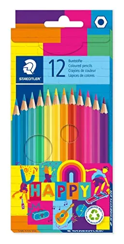STAEDTLER Buntstifte Noris Happy mit hoch pigmentierten Farben, klassischer Sechskantform und weicher Mine, 12 farbenfrohe Buntstifte im Kartonetui, 146 C12 HA