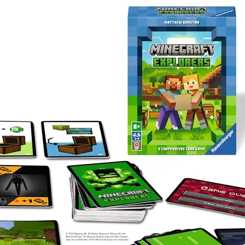 Ravensburger 21580 Minecraft Explorers - Kooperatives Kartenspiel - Deckkartenspiel für 1-4 Personen ab 8 Jahren, erkunde die Minecraft-Welt und sammle Schätze im Team. Ideal für spannende Spieleabende und einfach mitzunehmen!