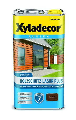 Xyladecor Holzschutz-Lasur Plus Nussbaum 4 L - Lasur für Holz im Außenbereich, UV-beständig und wasserdicht. Ideal für langlebigen Schutz mit nur 2 Anstrichen in edlem Nussbaum.
