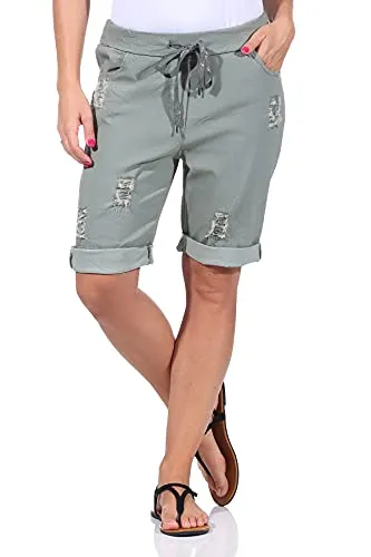 Sommerhosen Damen Shorts Kurze Damenhosen Destroyed leichte Jeans Bermuda moderner Look Distressed Caprihosen Stretch Sommer Chino mit Rissen (40-42, Khaki)