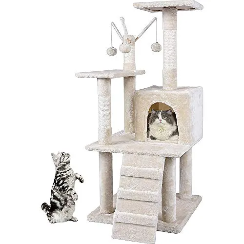 Mucola Kratzbaum Beige 121cm - Kratzbaum für Katzen, 121 cm hoch, mit robusten Sisalstämmen für natürlichen Kratzspaß und integrierter Höhle für Spiel und Entspannung. Ideal für ein harmonisches Wohnambiente.