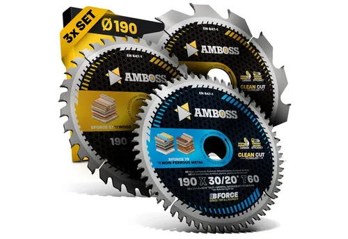Amboss Kreissägeblatt Set Ø190 für Akku Handkreissäge - Kreissägeblätter für vielseitigen Einsatz, ideal für Holz, Aluminium und Kunststoffe. Enthält 3 Sägeblätter mit unterschiedlicher Verzahnung für grobe und feine Schnitte, kompatibel mit gängigen Marken.