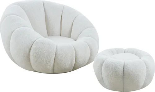 Produktbild cosyou Sessel mit Hocker für Wohnzimmer & Schlafzimmer, Fernsehsessel Teddystoff - 360° drehbar weiß