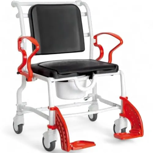 FabaCare Dusch- Toilettenrollstuhl Denver XXL, bis 175 kg, Made in Germany, Premium Toilettenstuhl, Duschstuhl fahrbar, Rollstuhl mit WC Eimer, Grau-Feuerrot