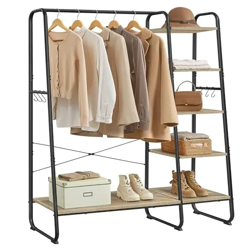 VASAGLE Kleiderständer, Garderobenständer, 45 x 120 x 160 cm Garderobe, Kleiderstange, Schuhablage, offener Kleiderschrank, 6 Haken abnehmbar, Schlafzimmer Flur, türkisbraun-Mattschwarz RGR116K01