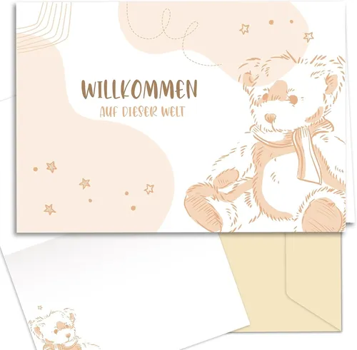 Geburtskarte A6 mit Umschlag Klappkarte Babykarte Bär Beige Willkommenskarte Neu