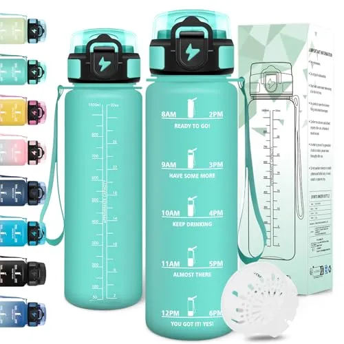 Motswedi Trinkflasche Sport, 1000ml BPA-Frei, Trinkflasche Kohlensäure Geeignet, Auslaufsicher, Wasserflasche, Mit Zeitstempel, Flasche, Sportflasche, für Yoga, Fahrrad, Fitness, Blaugrün-3245C