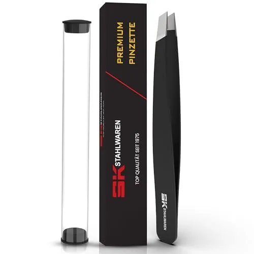 SK STAHLWAREN Schräge Pinzette 9,6 cm Premium rostfreier Edelstahl Augenbrauen Profi Zupf Vielseitig Einsetzbar für eingewachsene Haare, Gesichtpflege,Härchen für Damen & Herren schutzdose Inkl.