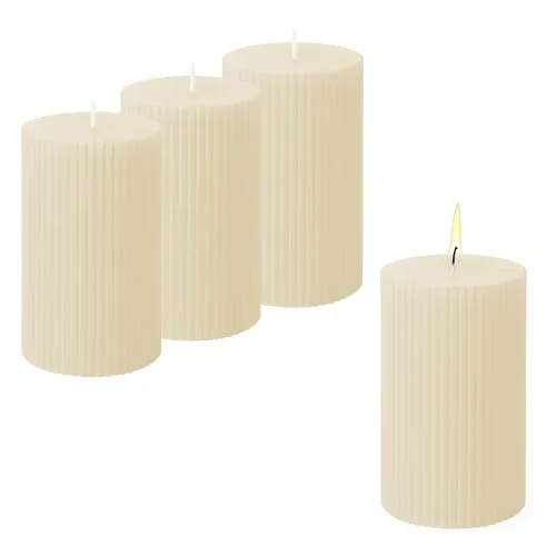 Echtwachs Stumpenkerze 10 x 6 cm geriffelt 4er Set - creme weiß - Advents Kerze unparfümiert ca. 27 Stunden Brenndauer - Weihnachten Tisch Deko Kerze Blockkerze Zylinderkerze Säulenkerze
