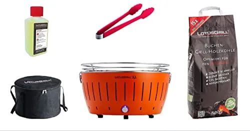 LotusGrill XL Starter-Set Mandarinenorange mit USB-Anschluss - Grill für bis zu 10 Personen, sicher und mobil, mit innovativem Lüfter und aus hochwertigem Edelstahl. Ideal für Gartenpartys oder Camping!